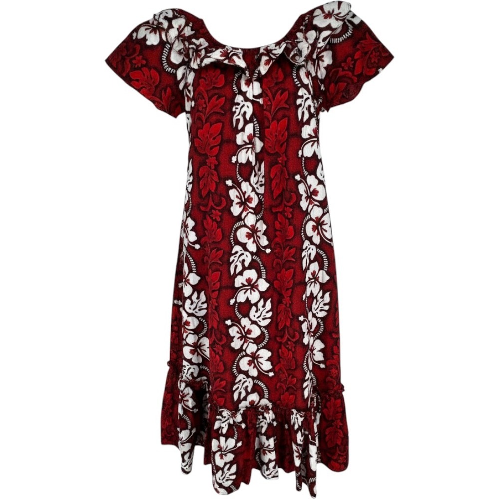 Ky's Hawaiian Hawaii Vintage Red White Hibiscus Floral Muumuu Ruffle Dress Large